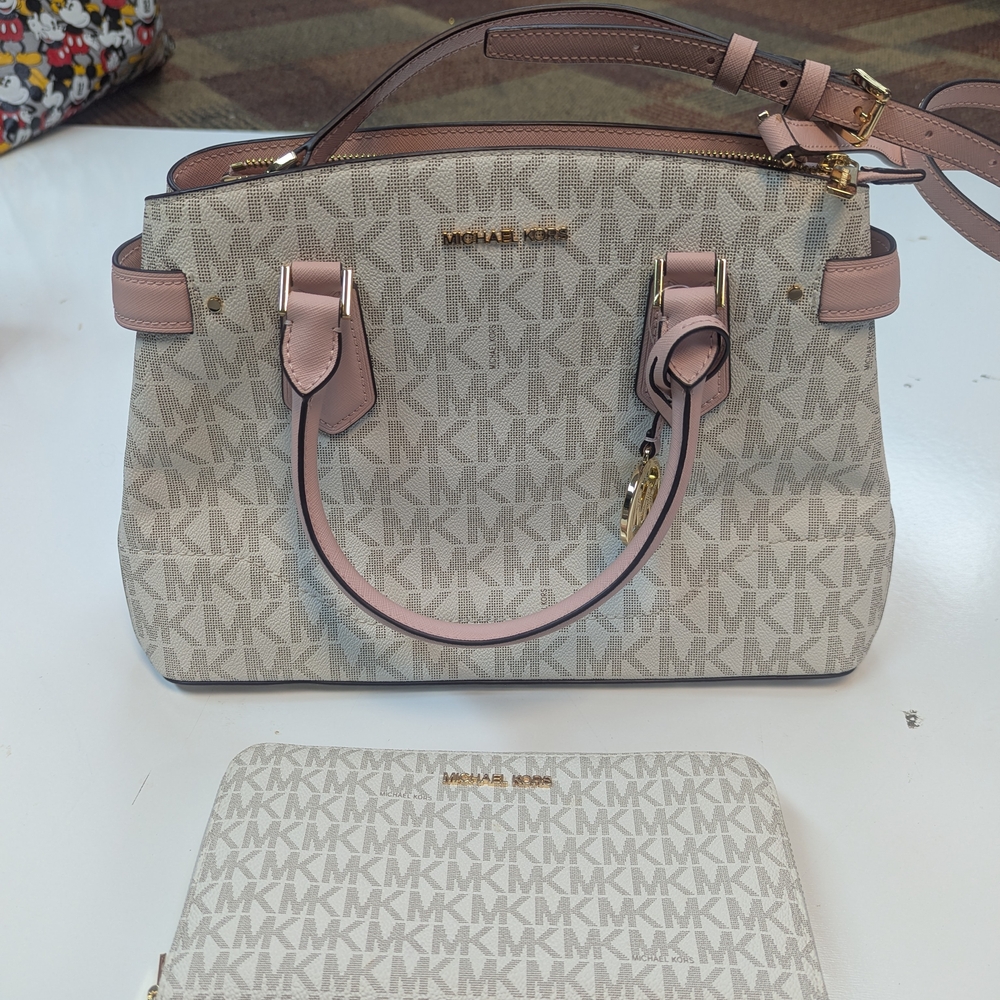 Michael Kors Monogram Satchel in Cream and Pink